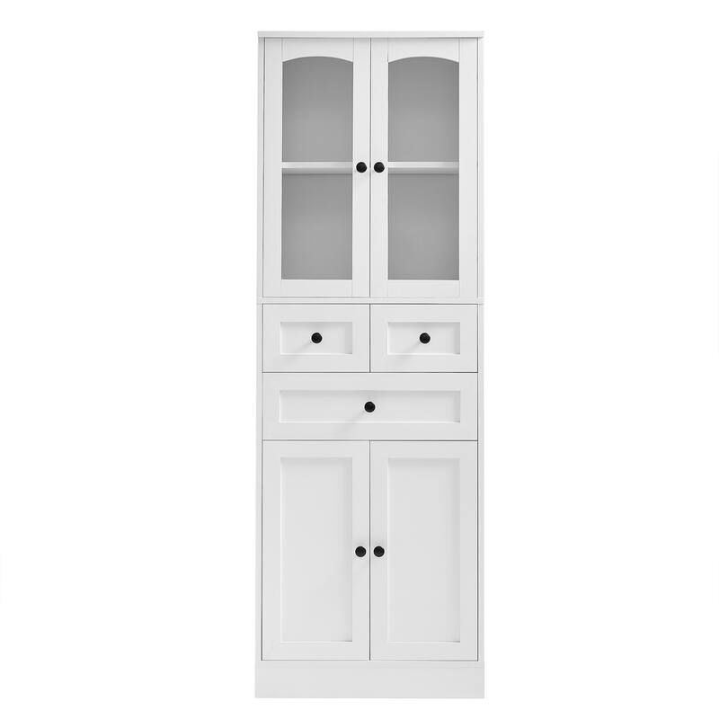 Adjustable Storage Cabinet with Above Glass Door Cabinet and Below Wooden Door Cabinet, Tall Bathroom Cabinet with 3 Drawers