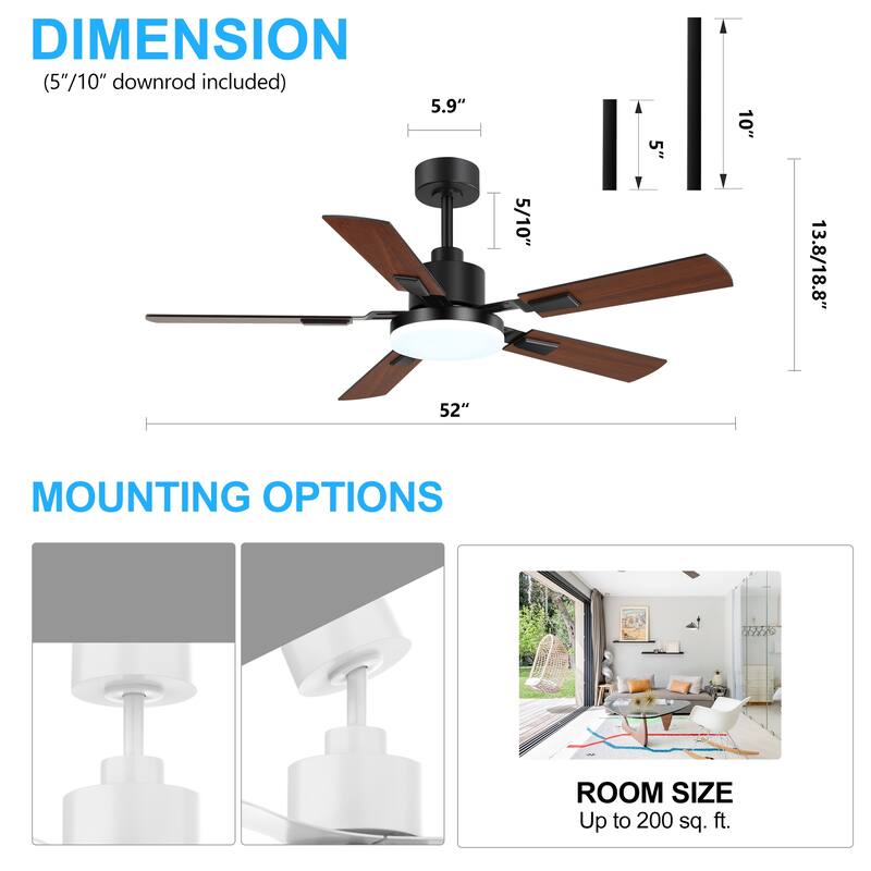 48/52/60-inch Modern Ceiling Fan with LED Light and Remote (3/5/6 Reversible Blades)