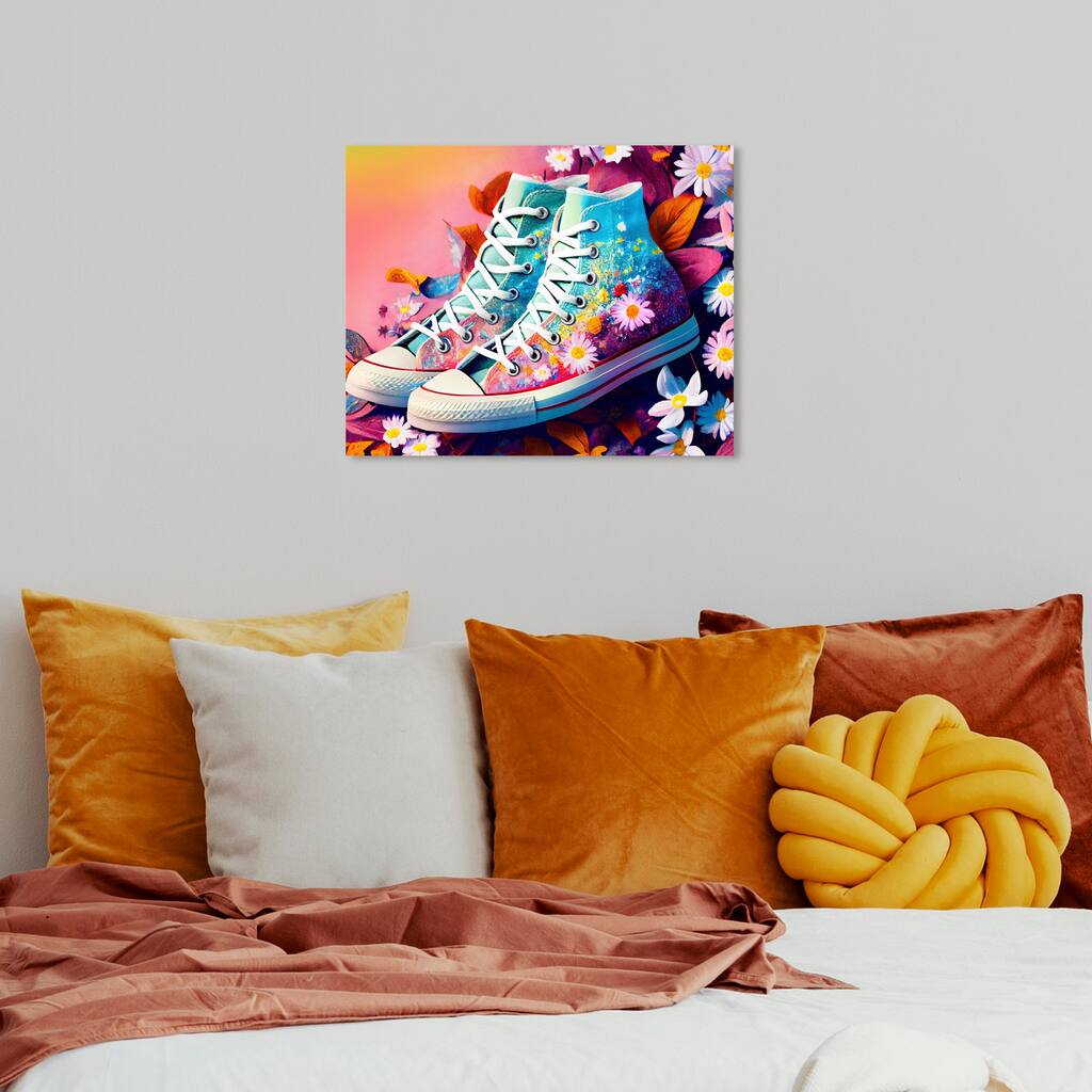 Wynwood Studio Fashion and Glam Fun Floral Sneakers Pink and Teal Tropical Wall Art Canvas Print