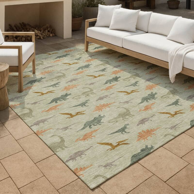 Machine Washable Indoor/ Outdoor Modern Dinosaur Chantille Rug - Celery - 5' x 7'6"