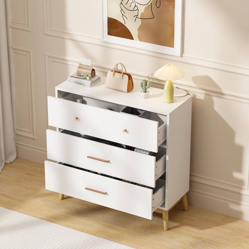 Nordic Style 3-Drawer Storage Cabinet, Modern White Chest of Drawers with Rose Gold Handles & Solid Wood Base