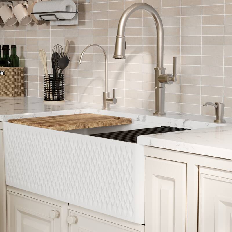 Karran 33" Single Bowl Workstation Fireclay Kitchen Sink with Reversible Diamond/Flat Apron Front