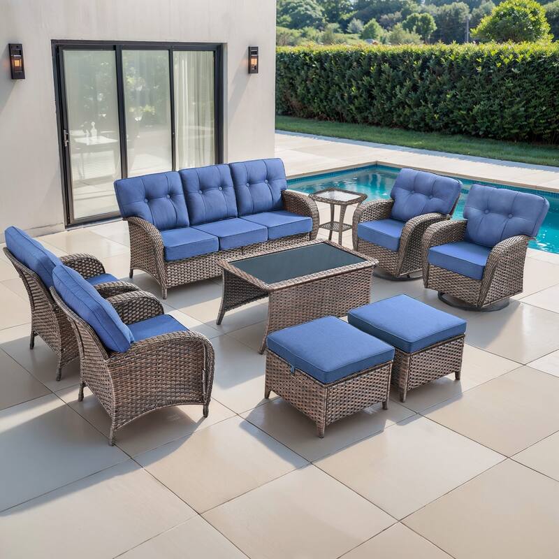 TWrap 9-Piece Patio Brown Wicker Sofa Conversation Set with 5-Inch Thick Cushions