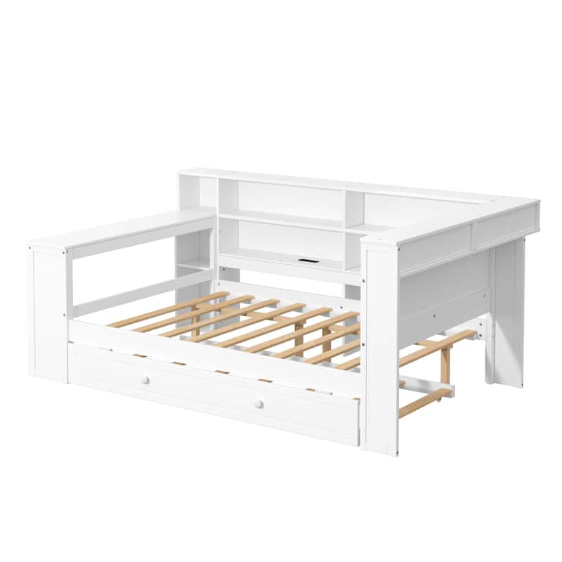 Wood Daybed with Desk, LED Upholstered Headboard, Storage Shelves Built-in Charging Station, Optional Drawers or Trundle