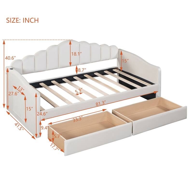 Velvet Twin Daybed with Storage Drawers and USB Ports, No Box-Spring Needed