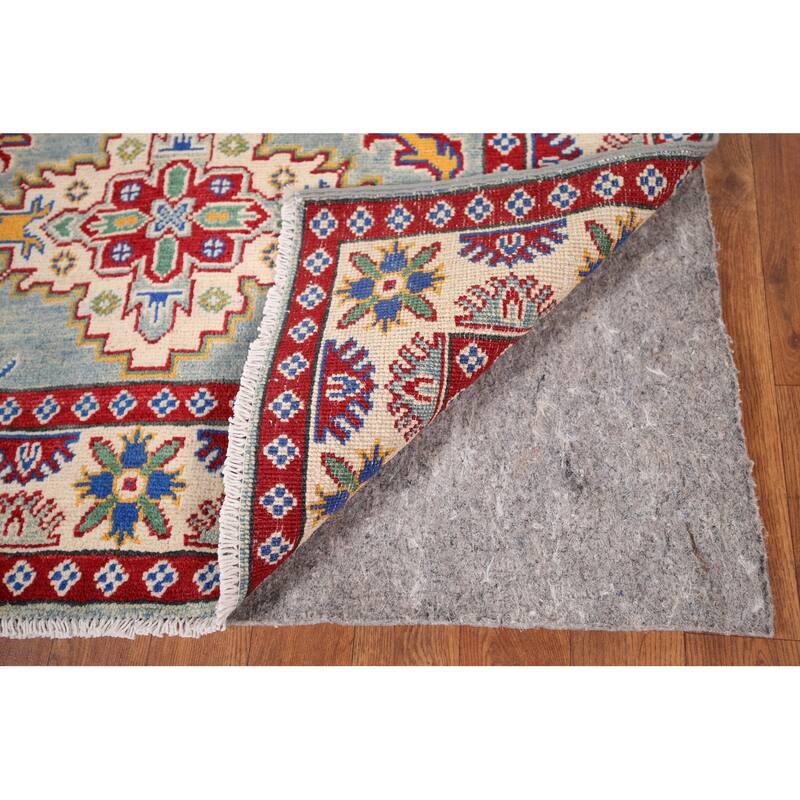 Geometric Kazak Foyer Rug Hand-Knotted Blue Wool Carpet - 3'4" x 4'9"