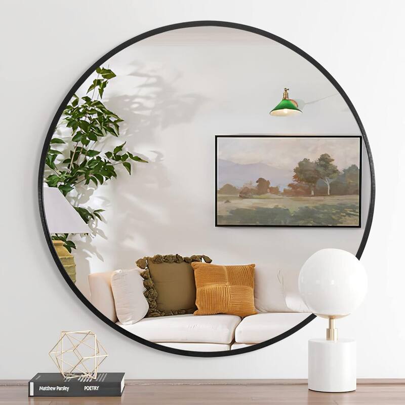 Round Wall Mirror Circle Bathroom Mirror Metal Frame for Bathroom Entryway Bedroom Living Room Wall Mounted Modern Rustic Decor - Black - 32" x 32"