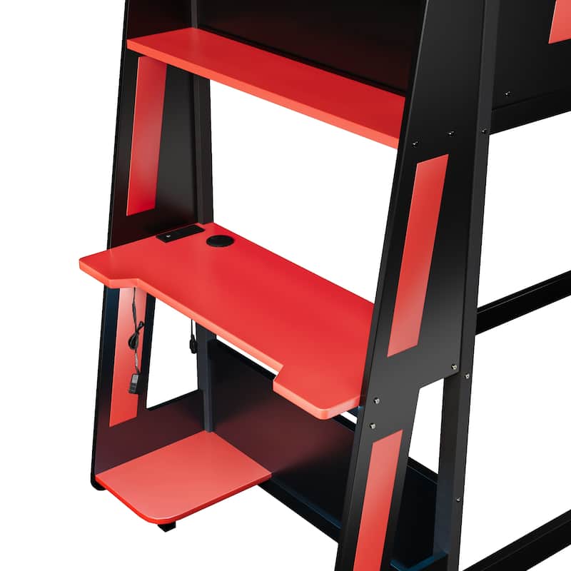 Full or Twin Gaming Bunk Bed Gaming Loft Bed with Built-In Gaming Station Cable Management for Gamer Gaming Hotel Gaming Suite