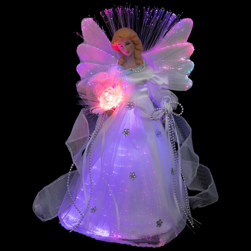Color-changing Fiber Optic Angel with Rose Christmas Tree Topper - 12" - White