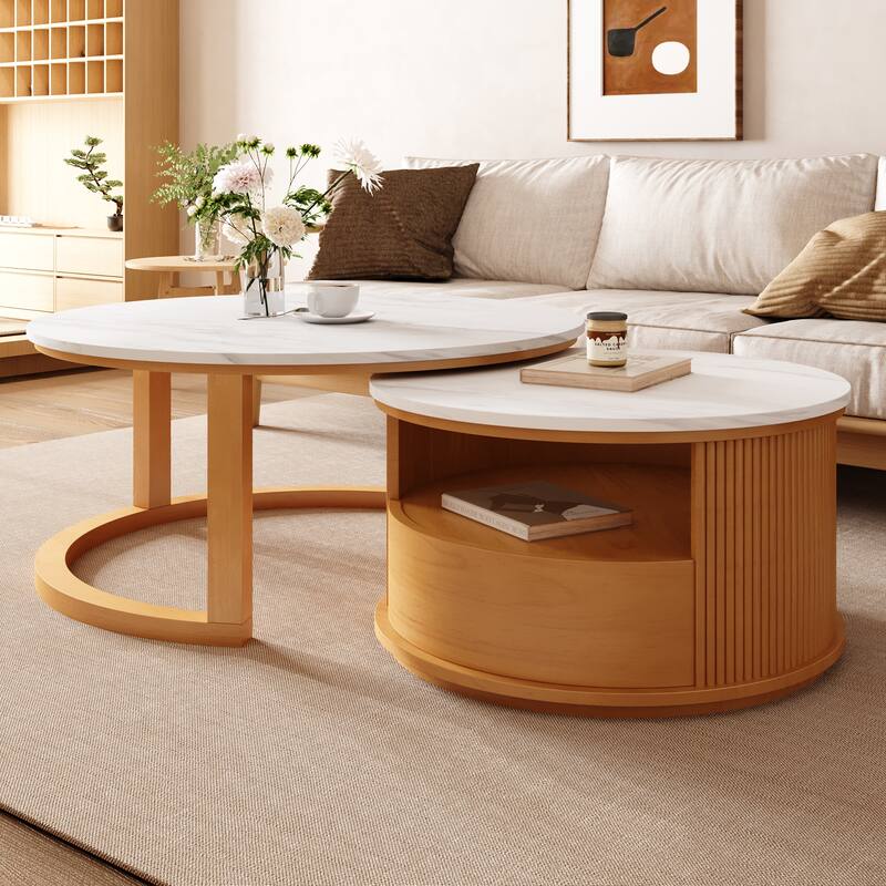 Round Nesting Coffee Table with White Marble Top, 2-Tier storage and 1 drawer, Natural, 28.5"