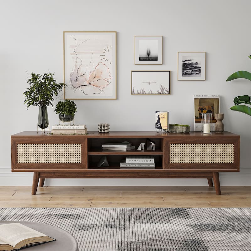 75" Rattan TV Stand, Wood TV Stand with Storage, Mid Century Modern TV Stands for Living Room, Boho Media Console