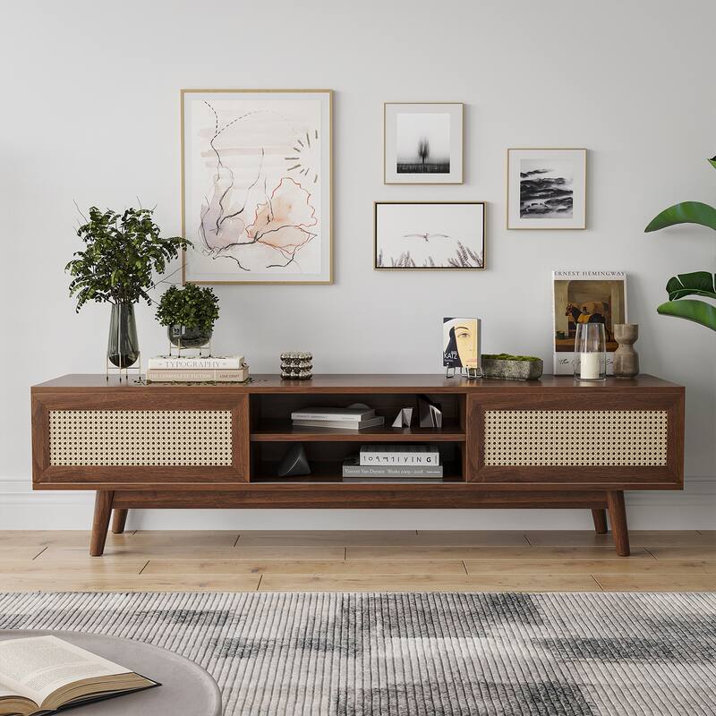 Rattan TV Stand for TVs, Wood TV Stand Mid Century Modern TV Stand TV Media Console with Drawer and 2 Cabinets