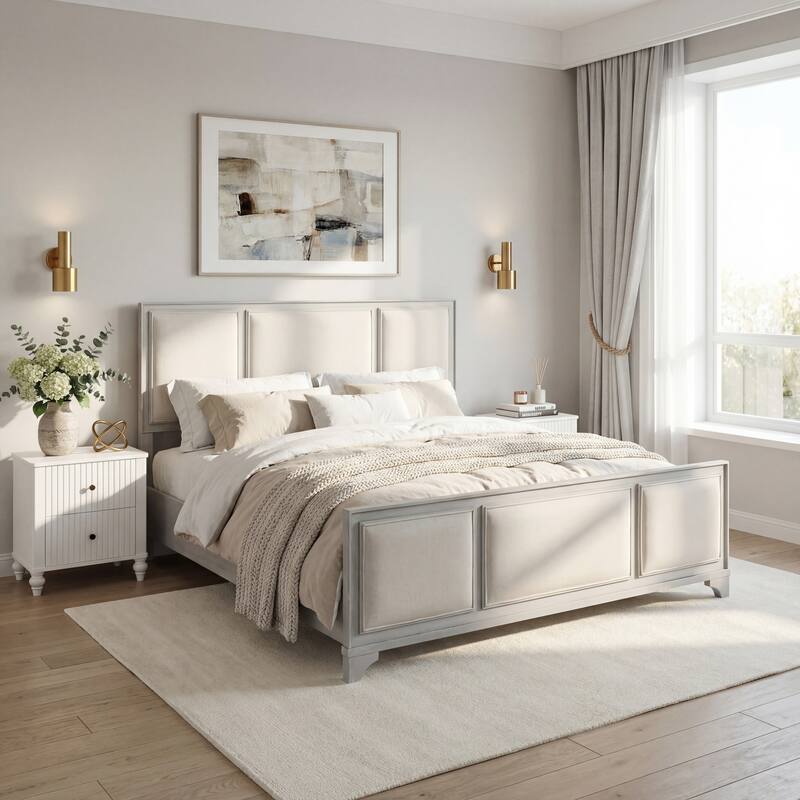 Christopher Knight Home - Hendrix Modern Farmhouse Upholstered Wood Platform Bed with Panel Headboard and Footboard