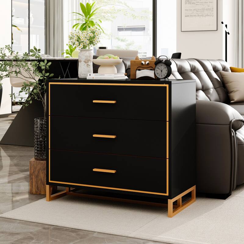 Luxurious Black and Gold Storage Cabinet Nightstand: Modern Design, Ample Storage & Practical Features - Black