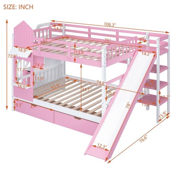 Full-Over-Full Castle Style Bunk Bed with 2 Drawers 3 Shelves and Slide