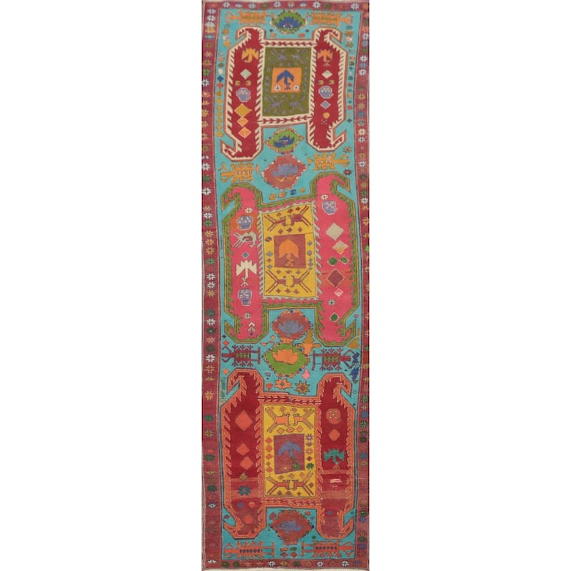Hand Knotted Oriental 100% Wool Carpet Traditional Tribal Navy Blue & Blues Ardebil Runner Rug - 10' 7'' X 2' 6''