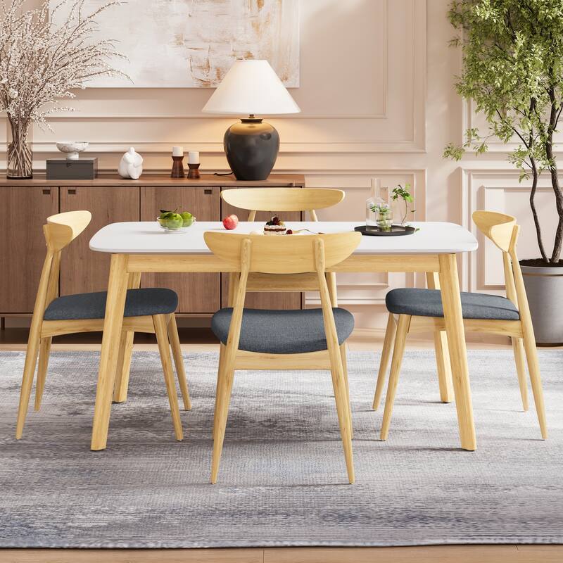 Roomfitters 5-Piece Scandinavian Dining Set, 59" White Oak Table with 4 Ergonomic Beige Upholstered Chairs