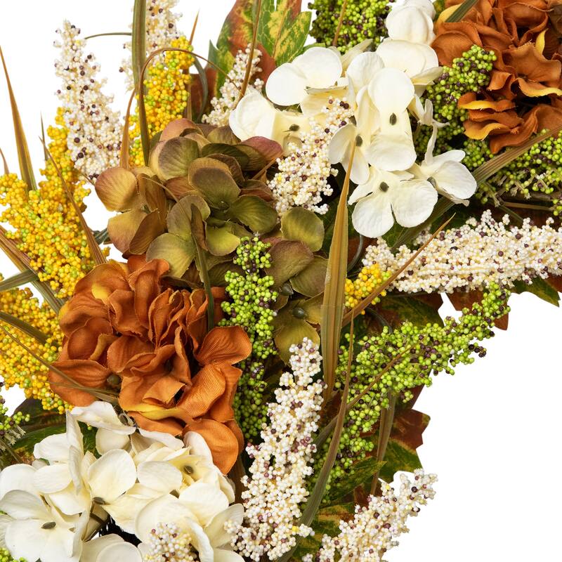 White Orange Hydrangea Artificial Fall Harvest Twig Wreath, 28", Unlit