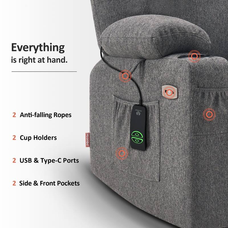 MCombo Small Power Lift Recliner Chair Sofa with Massage and Heat, 3 Positions and USB Ports Extended Footrest, Fabric 7141
