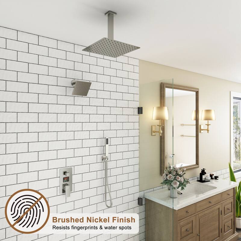 CASAINC Dual Heads 12 Inch Ceiling Mounted Square Shower Head Shower System with Handheld Shower Digital Display Shower