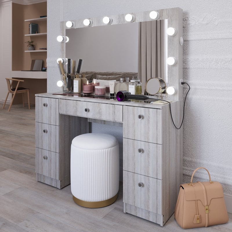 Boahaus Vanity Desk Glass Top with 7 Drawers & Lights Crystal knobs