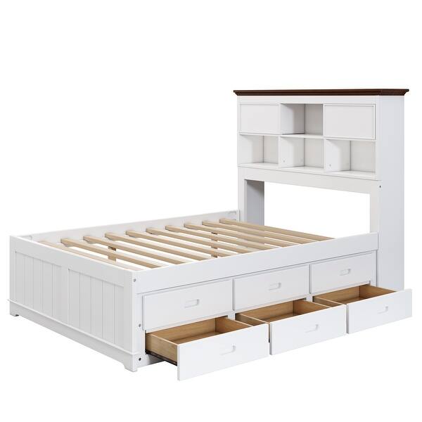 slide 2 of 10, Full Size Captain Bookcase Platform Bed with Trundle & Headboard White+Walnut - Full