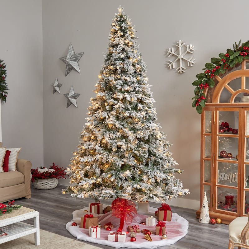 10ft Flocked Christmas Tree with Lights, Realistic Artificial Pine Tree, Holiday Decor, Winter Forest Tree - Green - 120