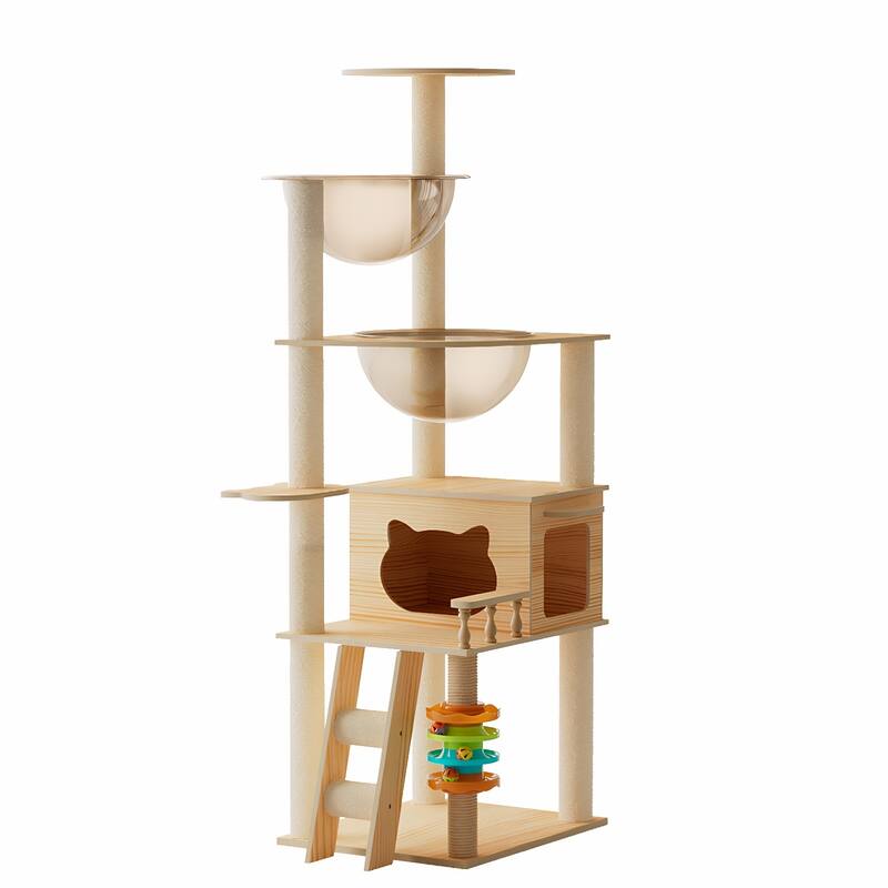 59" Modern Cat Tower, Wood Cat Tree Tower for Indoor Cats, Cat Treewith Sisal-Covered Scratching Posts and Top Perch, Cat Condo