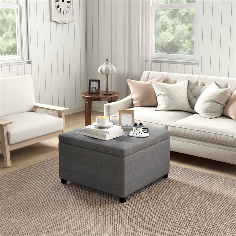Button-Tufted Storage Ottoman with Flip-Top Seat and Linen-Texture Cushion Wood Frame