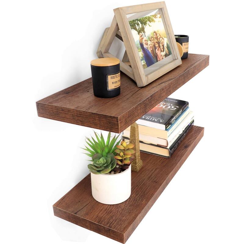 Designer 24" Floating Wall Shelves, Large Wooden Rack Set of 2