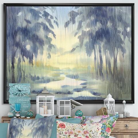 Designart "RaIn Falling Down In Green Lit Forest I" Farmhouse Framed Canvas Wall Art Print