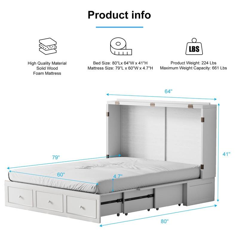 Mixoy Murphy Bed with Foldable Mattress,Modern Cube Cabinet Bed with Storage Drawer & USB Charging Station