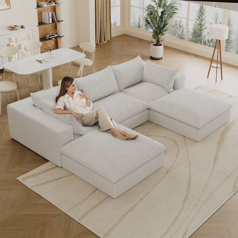 Modular Sectional Sofa with Ottoman, Oversized Corduroy Upholstered Cloud Sofa, 3 Seater Sofa with Removable Cushion - White