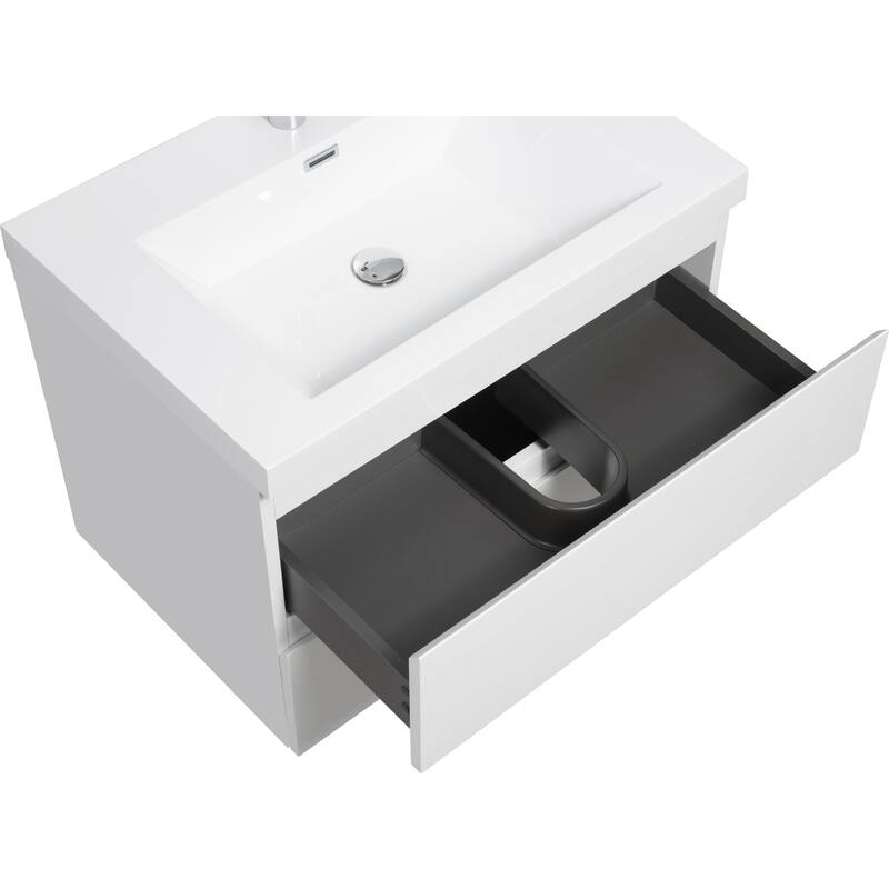 29.5" Floating Bathroom Vanity with Resin Sink, Glossy White Finish, 2 Drawers, Easy Installation - 29.53in L Wood