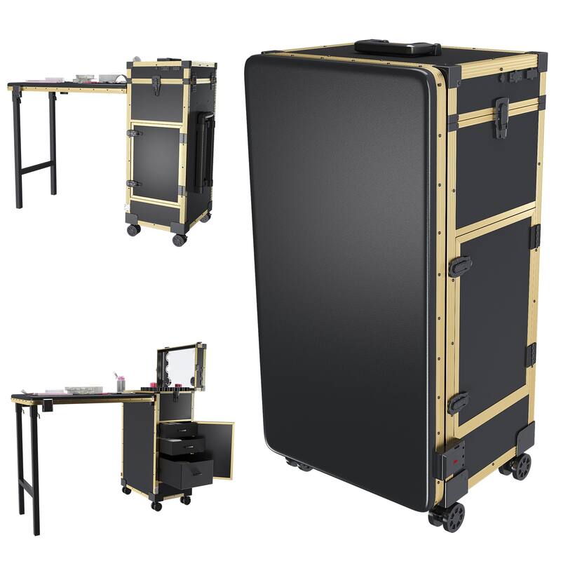Portable Nail Art Table w/ LED Mirror, Bluetooth, Lockable Drawers, Telescopic Pole - Folding Manicure Station for Salons