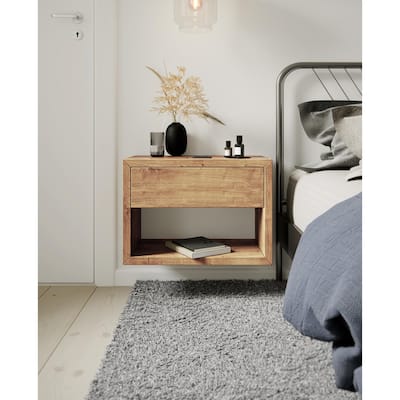 Floating Solid Oak Nightstand with a Drawer and Storage space