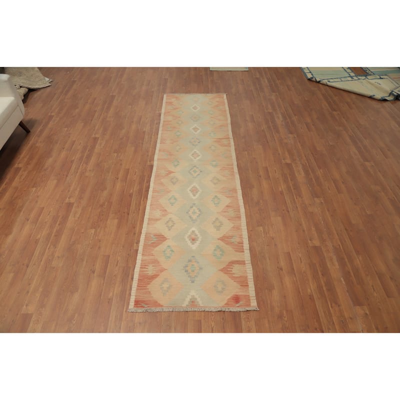 Hand Woven Oriental 100% Wool Carpet Southwestern Tribal Multi-Colored Kilim Runner Rug - 9' 8'' X 2' 8''