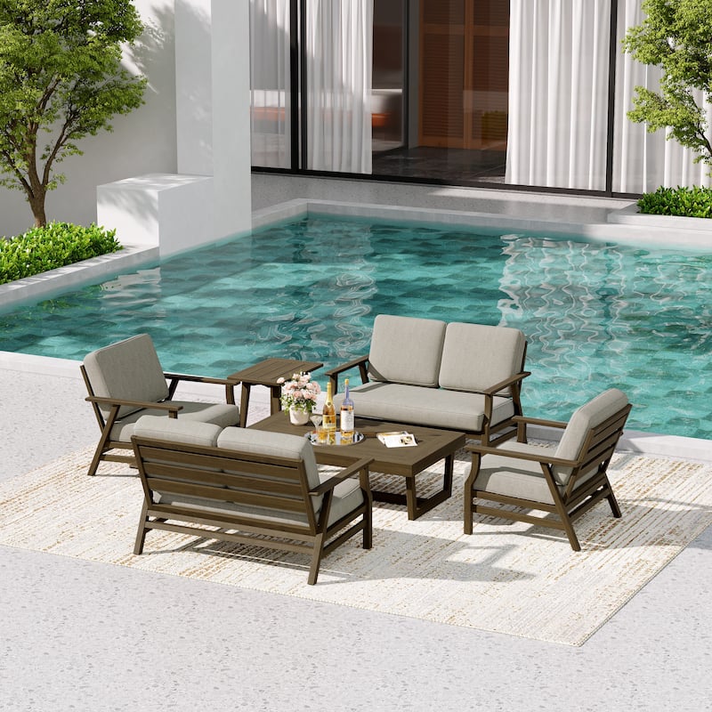 4-Piece Teak Outdoor Conversation Set With 2 Loveseats, Coffee Table & Side Table - Dark Grey - Brown Wood