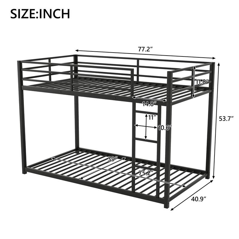 Twin/Full Size Metal Low Bunk Bed, Heavy Duty Steel Bunk Bed Frame with Built In Ladder and Guardrail
