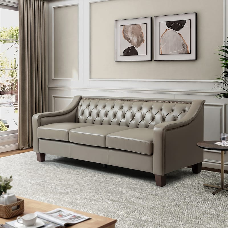 Mateo 82.28" Wide Transitional Genuine Leather Sofa with Nailhead Trim and Button-Tufted Back