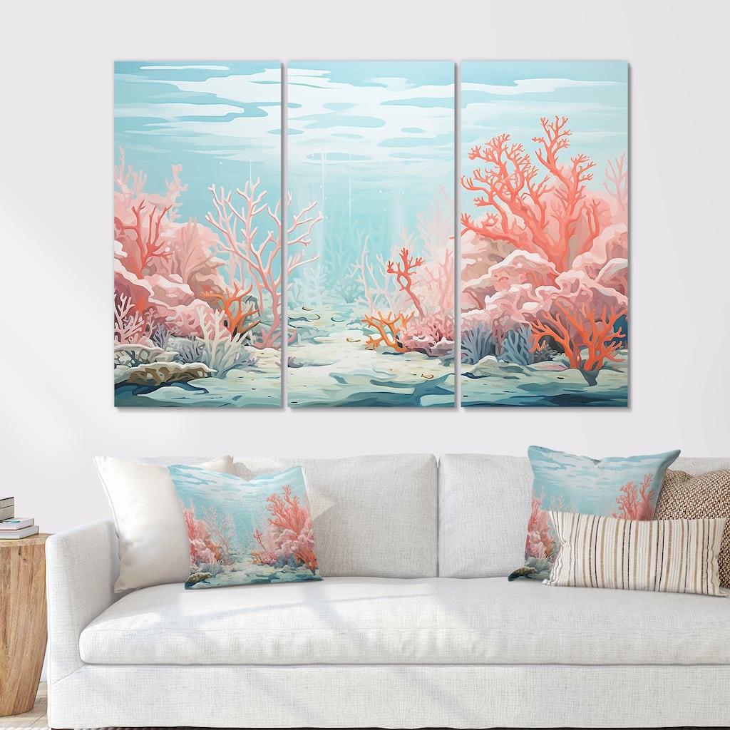 Designart "Coastal Coral Beauty Under Water III" Coastal Coral Under Water Canvas Set of 3 - Nautical & Coastal Wall Art