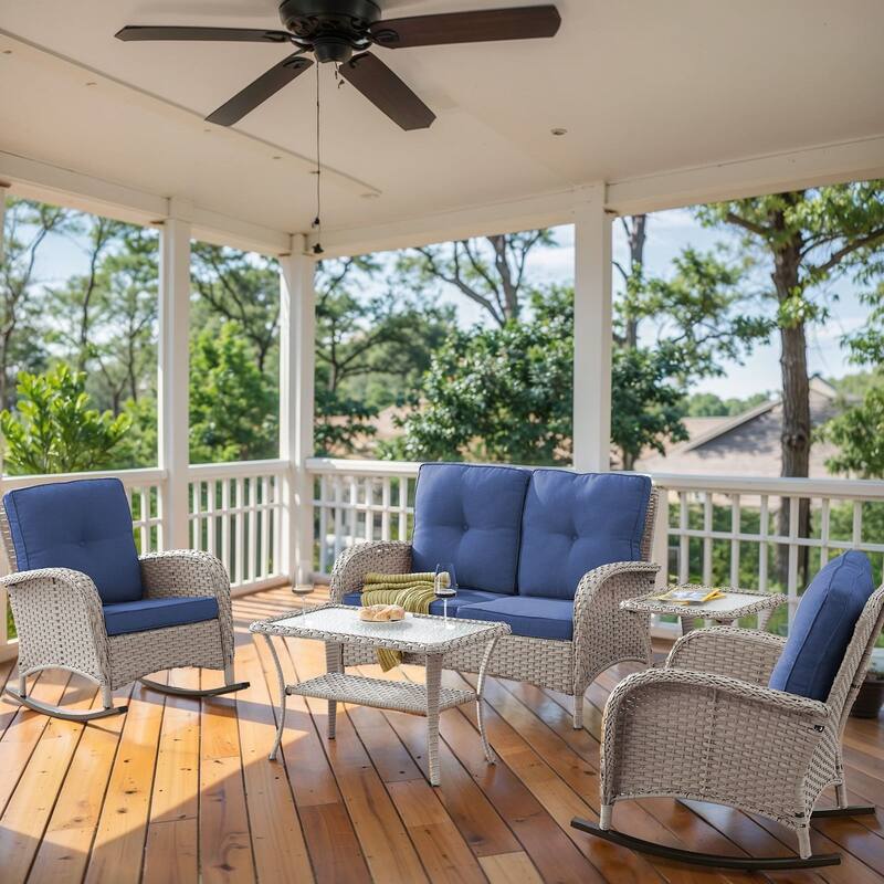 Outdoor Rocking Chair Table with Loveseat - Light Grey - Blue