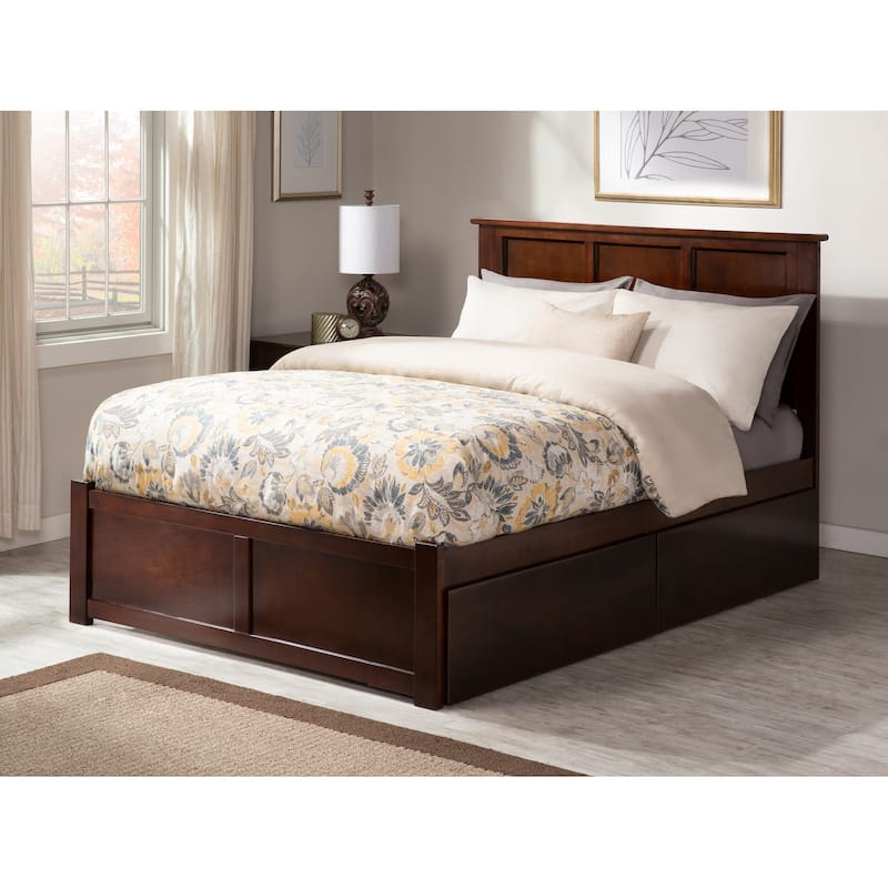 Madison Full Platform Bed with Footboard and 2 Drawers in Walnut