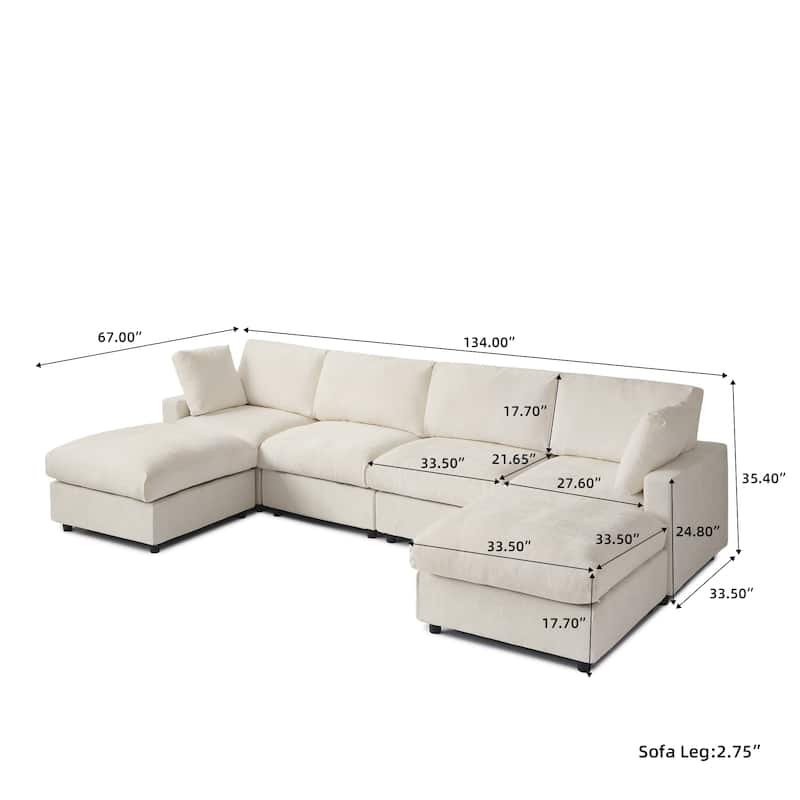 Minimalist U-shaped Upholstered Sofa 4-Seater Chenille Modular Sectional Couch with 2 Ottoman