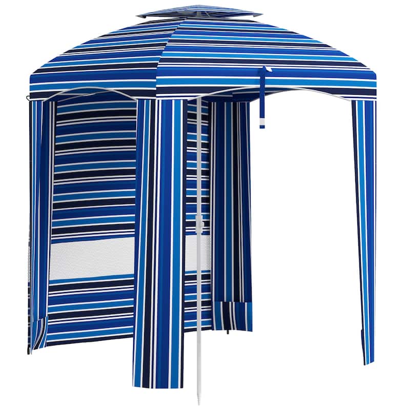 5.8' x 5.8' Portable Beach Cabana Umbrella with Double Canopy, Vents & Sandbags, Blue Stripe - White