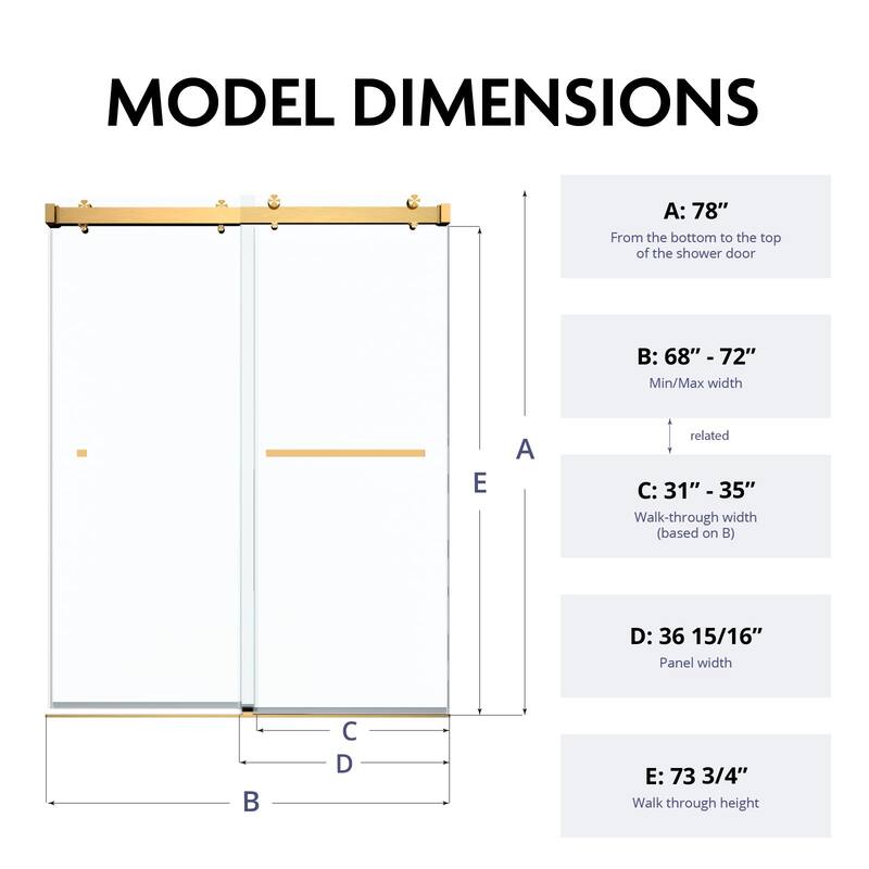 VS Series 68" - 72" W X 78" H Soft Closing Frameless Double Sliding Shower Doors With 3/8" Tempered Clear Glass