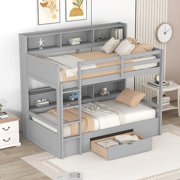 slide 2 of 24, Twin Bunk Bed with Shelves and Storage Drawer, Space-Saving, Grey Grey