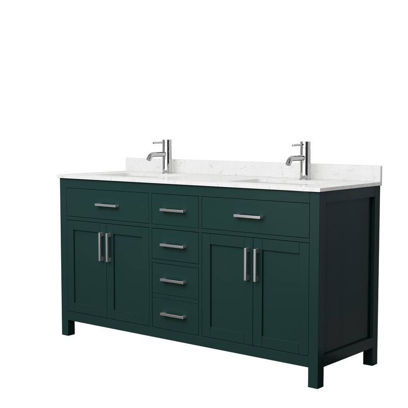 Beckett 66 Inch Double Vanity, Cultured Marble Top - Green, Nickel Trim, Carrara Cultured Marble Top