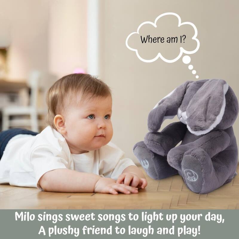 Dimple Milo Animated Peek-a-Boo Bunny - Singing Plush Toy for Babies and Toddlers, Grey, Ages 0 and Up