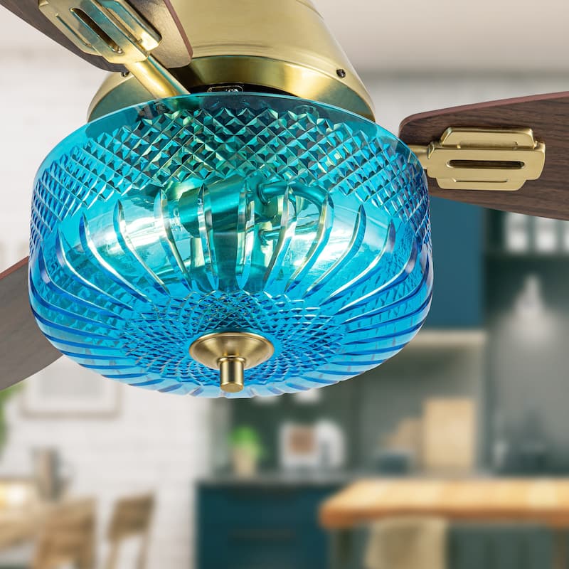 Maeve River of Goods 3-blade 42-inch Glam Indoor Ceiling Fan with Blue Hand-Cut Glass Shade and Remote Control